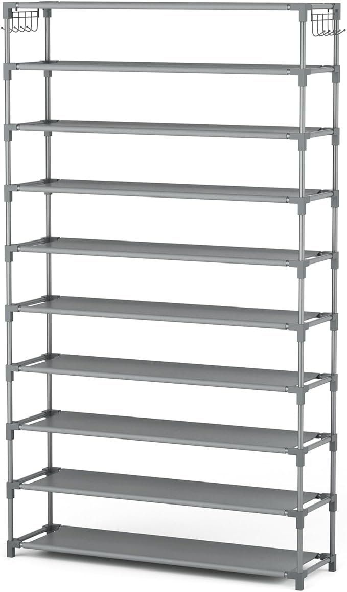 LANTEFUL 10 Tiers Shoe Rack 50 Pairs Large Capacity Tall Shoe Organizer Sturdy Shoe Storage with Two Hooks Space Saving Metal Wide Shoe Rack for Closet, Entryway, Bedroom, Grey