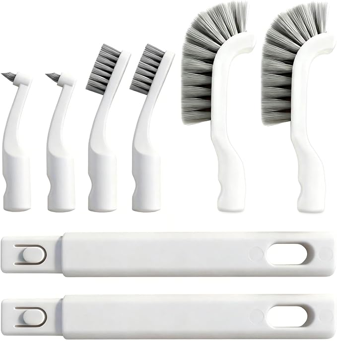Small Scrub Brush, Hard Bristle Crevice Cleaning Brush Set with 6Pcs Brush Heads & 2Pcs Handles, Multifunctional Grout Scrubber Tools for Kitchen, Bathroom, Sink, Corner, Mug and Blender