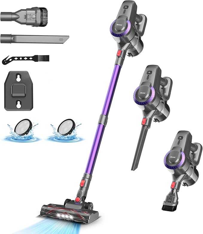 DEVOAC Cordless Vacuum Cleaner, Ultra-Lightweight Stick Vacuum, 2200mAh Battery Up to 40mins Runtime, 6 in 1 Powerful Handheld Vacuum for Home Hard Floor Carpet Pet Hair (Purple)