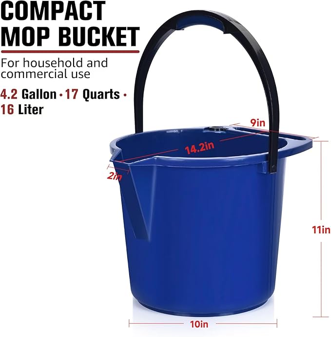 Matthew Cleaning 4.2 Gallon Mop Bucket, Heavy Duty Plastic Cleaning Bucket with Built-in Pour Spout, Mop Holder and Comfort Grip Handle, House and Commercial Cleaning Supplies, 1 Pack Blue