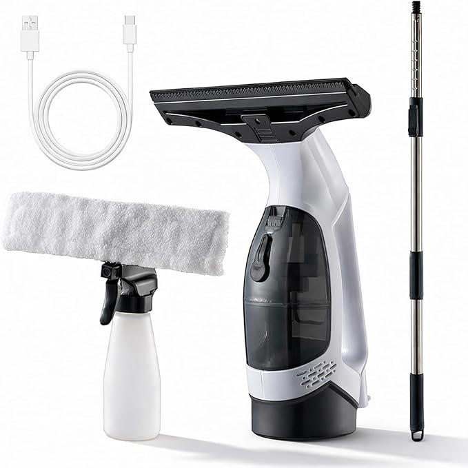 Window Vacuum Squeegee Cordless, Strong Suction Electric Window Cleaner with Water Collection, Window Cleaning Kit with Spray Bottle, Telescopic Pole for Glass Doors, High Window, Tile, Car