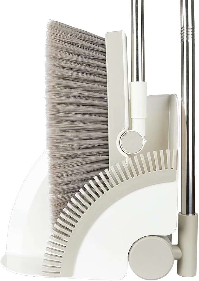 Triangular Indoor Broom and Dustpan Comb Set, 180° Rotating, Soft Bristle Long Handle Upright Sweeping Angled Broom with Self-Cleaning Teeth for Home, Kitchen, Office, Wood Floor (White Gray)