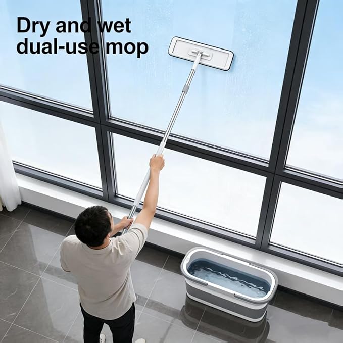 Bucket with Wringer Set, 6 Piece Microfiber Flat Mop Cleaning System with Long Handle, Hands Free Floor Cleaner for Hardwood, Tile & Wall (1 Mop + 6 Microfiber Pads + 1 Bucket)