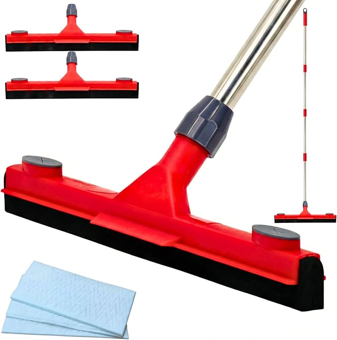 Floor Squeegee with 2 Replaceable Heads – 17'' EVA Foam Blade for Uneven Surfaces, 62'' Long Handle, Built-in Towel Clip, Non-Scratch Heavy Duty Squeegee Broom for Garage, Window, Tile, Patio & Shower