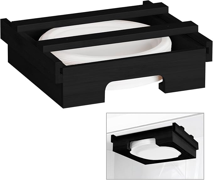 Paper Plate Dispenser, 9-inch Bamboo Paper Plate Dispenser Under Cabinet, Kitchen Counter Vertical Holder Organizer Countertop Caddy Black