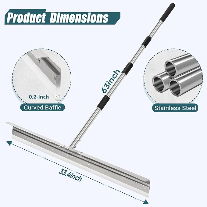 Heavy-Duty 33.4" Floor Squeegee for Concrete, Industrial Silicone Blade Squeegee for Floor with 63" Stainless Handle, Anti-Splash Curved Baffle Design for Garage, Factory, Warehouse