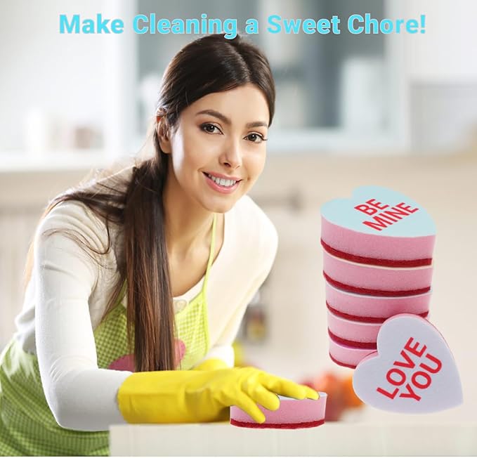 Heart Shaped Sponge with Words, Dual-Sided Kitchen Scrubber for Washing Dishes, Pots, Pans and General Household Cleaning, ‌Multicolour (6 Pack)