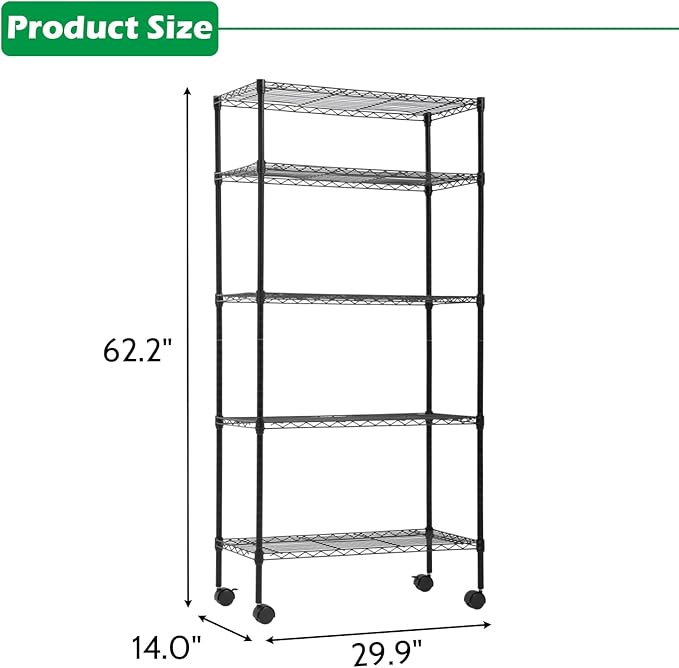 BestOffice 14"x30"x60" Commercial Storage Shelves Heavy Duty Shelving 5 Tier Layer Wire Shelving Unit with Wheels Metal Wire Shelf Standing Garage Shelves Storage Rack,Adjustable NSF Certified(Black)
