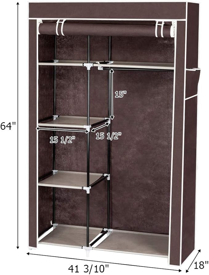 Portable Closet Wardrobe, Closet Storage Organizer Rack with Shelves and Cover for Hanging Clothes, Non-Woven Fabric, Quick and Easy to Assembly (64'', Dark Brown)