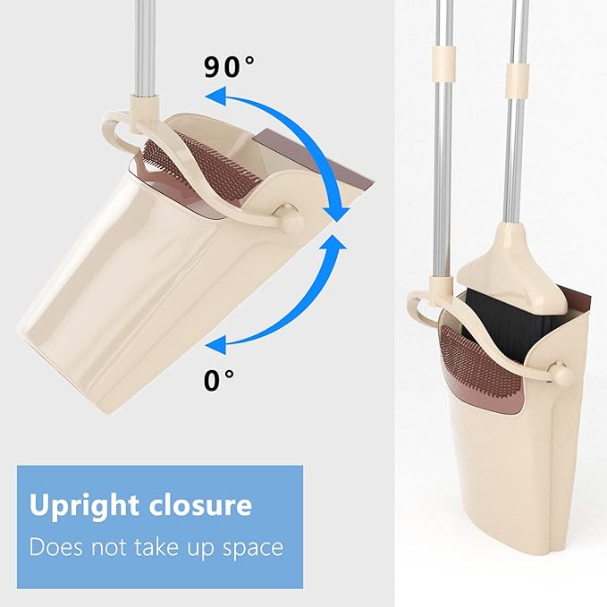 Broom and Dustpan Combo Set with Long Handle (54” L) Angle Broom Dust Pan for Home Kitchen Indoor Cleaning (Brown and Beige)