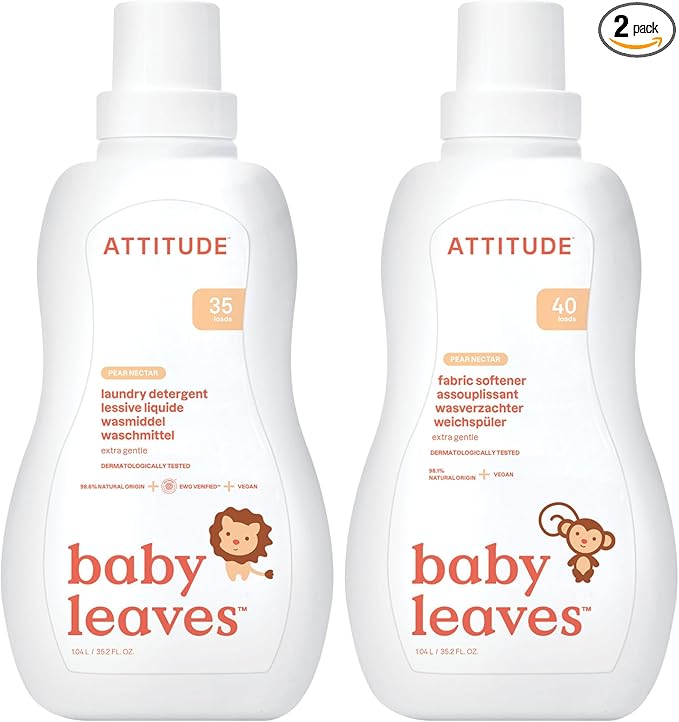 Bundle of ATTITUDE Baby Laundry Detergent and Fabric Softener, Plant and Mineral-Based Ingredients, HE Compatible, Vegan and Cruelty-free Laundry and Household Products, Pear Nectar, 33.8 Fl Oz