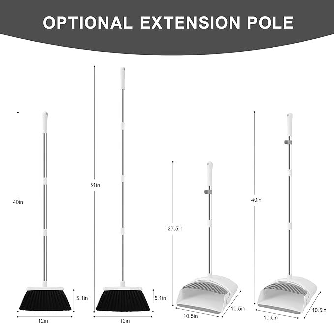 Broom with Dustpan Combo Set for Home Commercial Cleaning Supplies, Angle Broom with Long Handle Perfect for Courtyard Garage Street, White