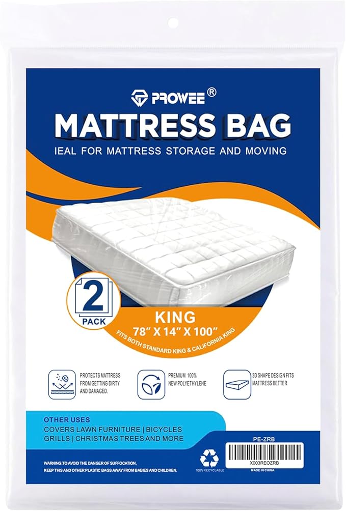 2 Pack King/Cal King Mattress Bag for Moving and Storage, Clear Plastic Mattress Cover for Moving, Waterproof Mattress Disposal Bags
