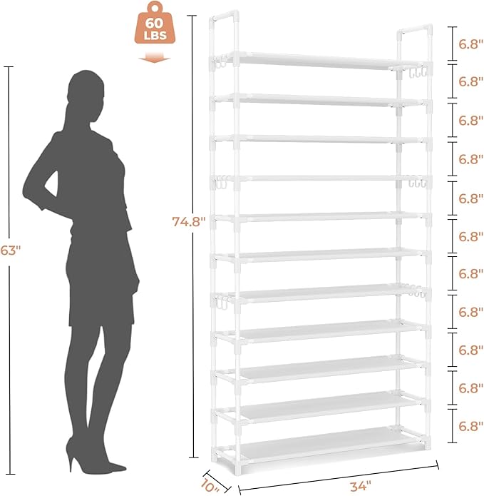 LANTEFUL 11 Tiers Tall Shoe Rack Holds 55 Pairs of Shoes with 18pcs Hooks Sturdy Wide Shoe Organizer Storage Free Standing Metal Shoe Shelf for Closet, Entryway White