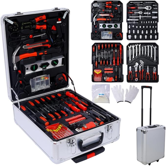 Home Repair Tool Set Kit, Luxebough Mechanics Tool Set with Rolling Tool Box, 4 Drawer Toolbox Storage Case, General Household Tool Kit for Maintenance, Garden, Homeowner, Handyman (970 PCS)