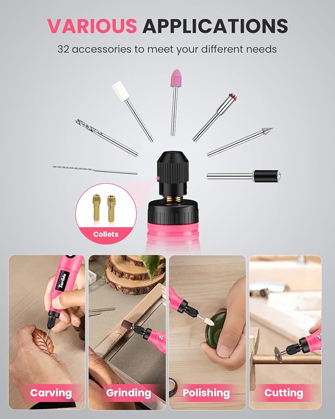 Cordless Rotary Tool Kit, 3.7V 2.0Ah Rechargeable Battery, 18000RPM 5-Speed Multi Power Carving Tools, 31Pcs Accessories, Engraving, Sanding, Grinding, Polishing, Carving, Etching, DIY-Pink