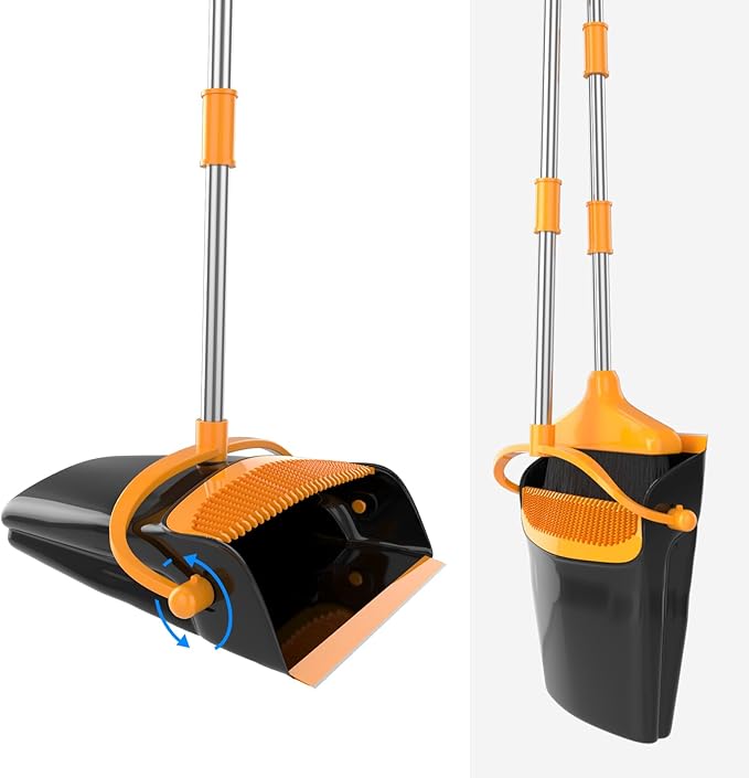 Broom and Dustpan Set for Home Long Handle (51" Length) Extendable Standing Dust Pan for Indoor Lobby Office Kitchen Cleaning (Black and Orange)
