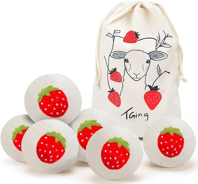 Wool Dryer Balls，New Zealand Wool Laundry Balls for Dryer (Pack of 6, Strawberry Handmade Pattern)，Softens Clothes,Naturally Reduces Drying Time and Static Electricity