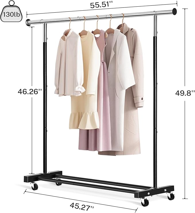 VICERII Clothing Rack, 55.51 Inch Heavy Duty Clothes Rack Rolling Garment Rack with Wheels and Bottom Shelf, 130LB Capacity Clothes Racks for Hanging Clothes, Coats, Shirts, Sweaters, Skirts, Black