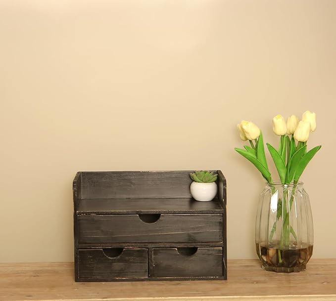 Vintage Rustic Wooden 3 Drawer with Shelf Office Desk Organizer & Mail Rack For Desktop,makeup holder Box for Office Home Toiletries Supplies Vanity, No Assembly Required (Rustic Black)