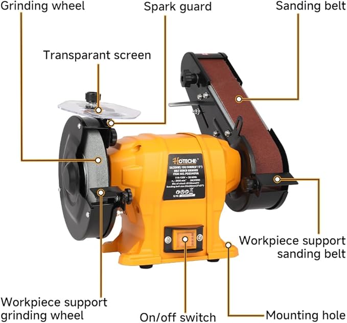 Hoteche 6" Bench Grinder & 2" x 27" Belt Sander Combo - 250W Dual Power Tool for Metal/Wood Grinding, Sharpening & Sanding