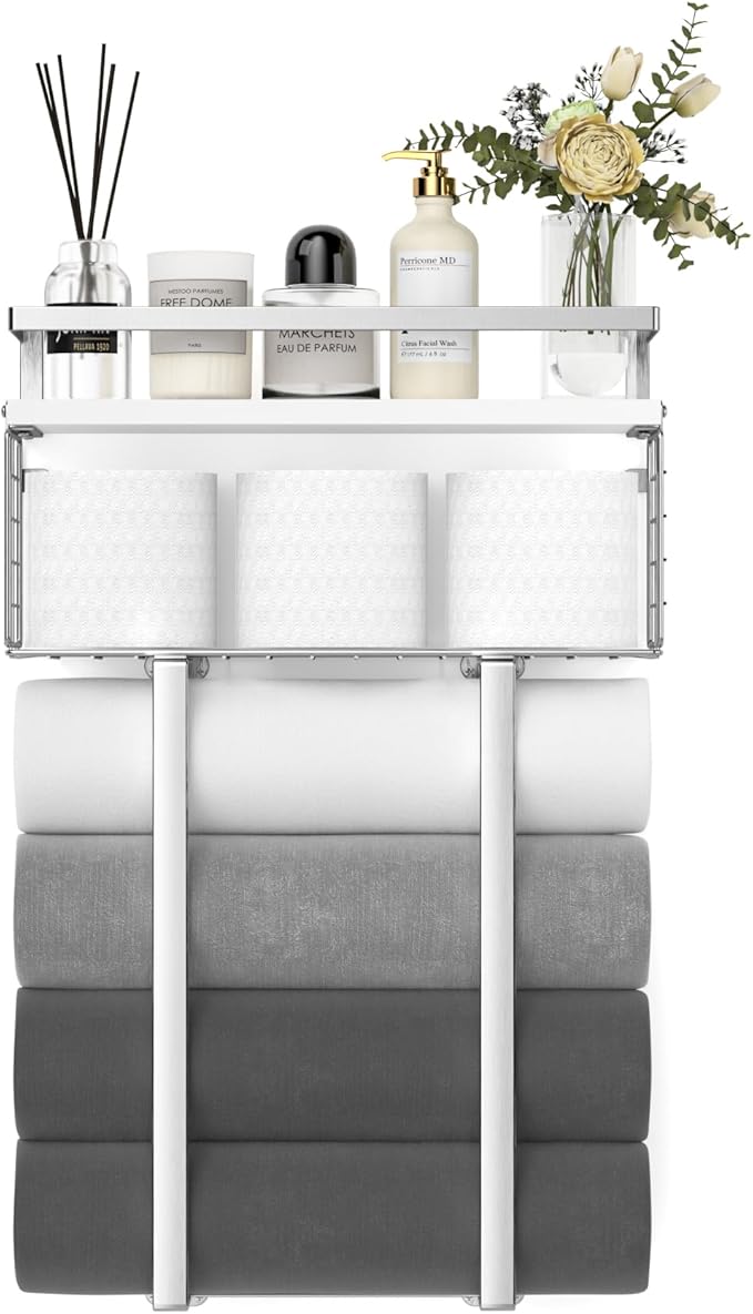 Towel Racks for Bathroom, Bathroom Shelf Over Toilet,Floating Shelves with Towel Rack Paper Holder Storage Basket,Floating Shelves for Wall Decor,Silver
