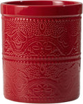 FUN ELEMENTS Kitchen Utensil Holder, 7.2" Super Large Utensil Crock Heavy and Stable Lace Emboss Ceramic Utensil Holder for Kitchen Counter (Christmas Red)