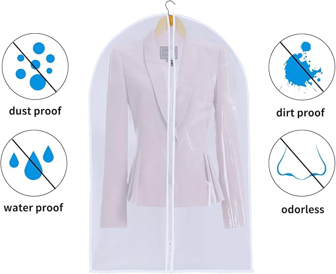MsKitchen 6 Pack Long Garment Bags (24x60") - Dustproof Gown Covers - Durable PEVA Hanging Bags with Sturdy Zipper for Maxi Dresses, Long Coats & Dance Costumes (Translucent)