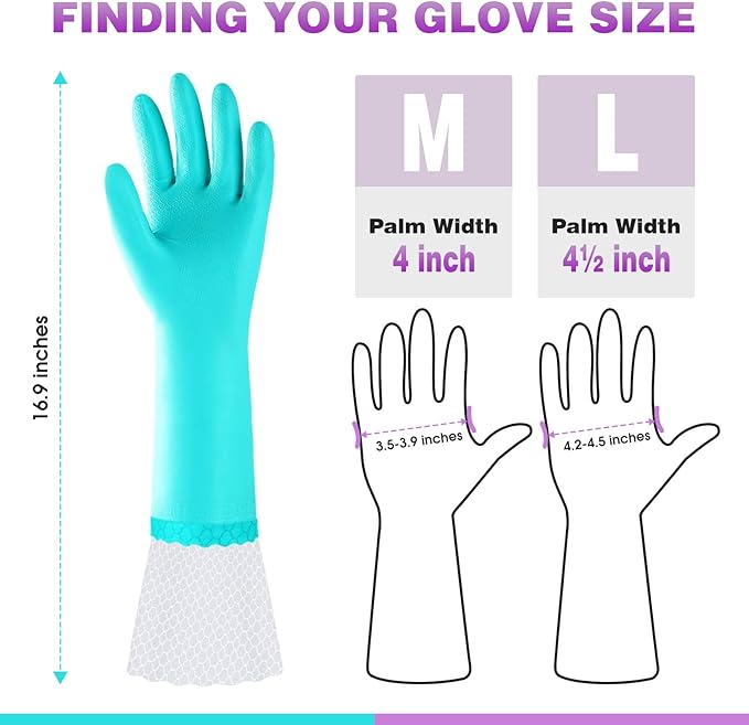 Elgood Reusable Long Dishwashing Cleaning Gloves with Latex Free, Long Cuff,Cotton Lining,Kitchen Gloves 2 Pairs,Purple+Blue Large