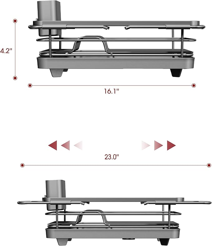 Sakugi Extendable Dish Drying Rack Over Sink with Dish Drainer, Sink Organization and Storage Essentials with Silverware & Utensil Holder, Home and Apartment Decor, 12" W x 16.1~23" L, Silver