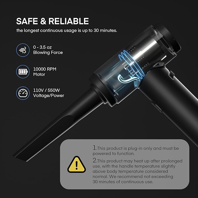 Air Duster Corded, 550W 100000RPM High-Pressure Air Blower, Reusable Compressed Air for Cleaning PC, Keyboard - Steplessly Adjustable Airflow, 9.8ft Long Power Cord, 5 Multi-Nozzle Attachments