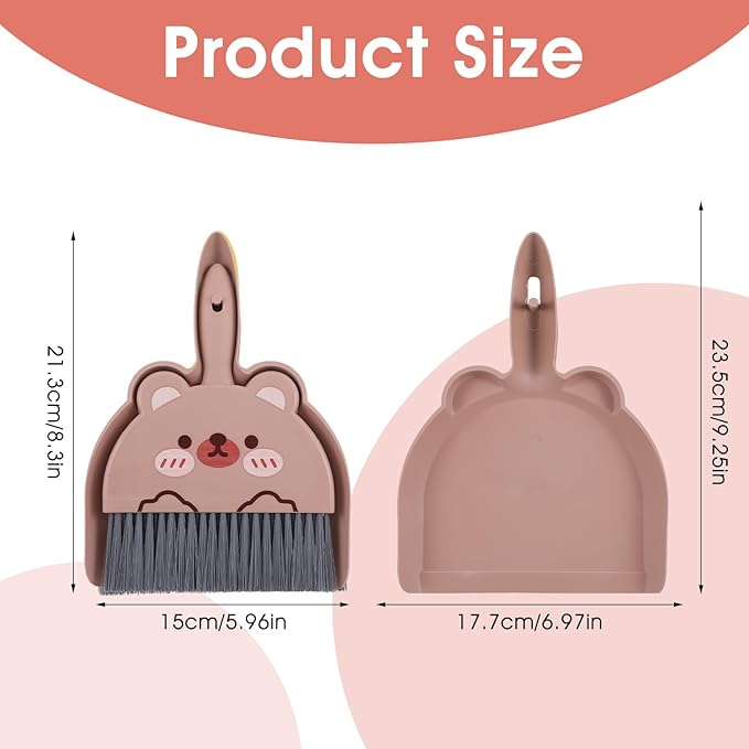Portable Hand Broom and Dustpan Set, Cute Mini Dustpan and Brush with Bear Pattern, Small Cartoon Space Cleaning Tool for Home Office Desktop Car Camping Kitchen Tabletop (Brown)