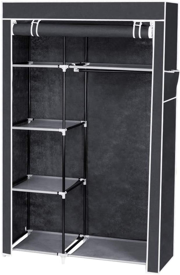 Portable Closet Wardrobe, Closet Storage Organizer Rack with Shelves and Cover for Hanging Clothes, Non-Woven Fabric, Quick and Easy to Assembly (64'', Gray)