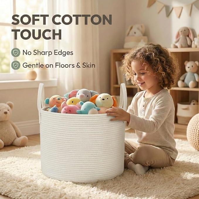 JMvicyroam 65L Extra Large Blanket Basket for Living Room - Woven Cotton Rope Laundry Hamper with Reinforced Handles - Storage Bin for Pillows, Comforters & Toys - Machine Washable,White