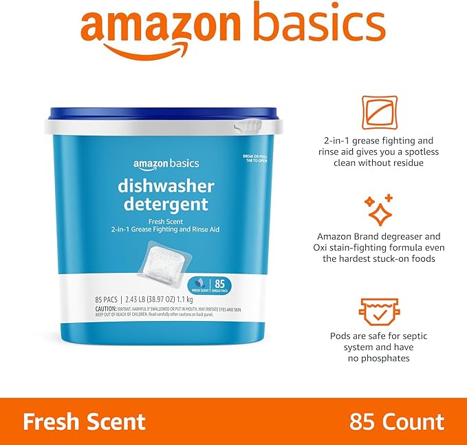 Amazon Basics Dishwasher Detergent Pacs, Fresh Scent, Cuts Grease, Rinses Clean, Removes 24HR Dried-On Stains, 85 Count (Previously Solimo)