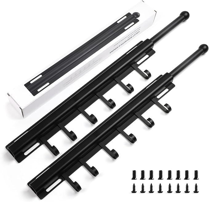 BaiNong 16.5" Valet Rod for Closet Pull Out With 6 Hooks Valet Rods for Closets (2Pack Black) Closet Valet Rod Slide Out