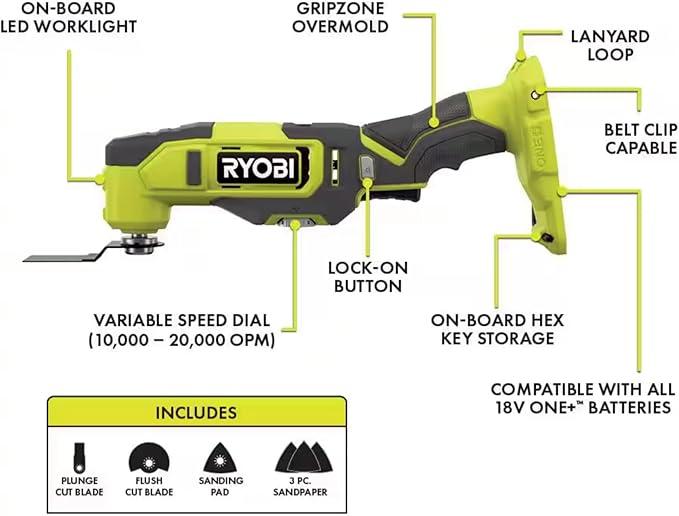 6 Power Tools Combo Kit Bundle with Buho Tool Bag, and Holster, 6 Ryobi Tools, 2 Batteries, Charger, and 40 Piece Drill Bit Set