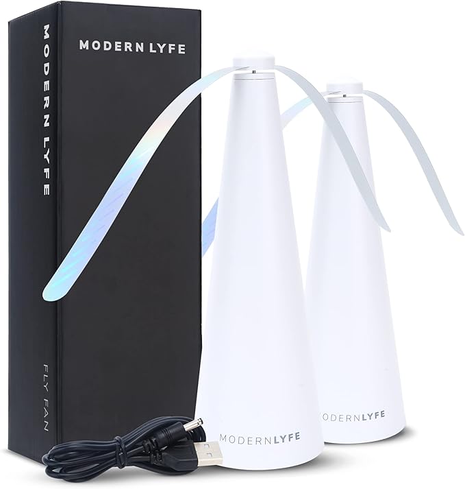 Fly Fans for Tables by Modern Lyfe - AA Battery & USB Powered - Fly Swatter Outdoor Camping Accessory Or for Food at Parties, Restaurants & Picnics, Bug Fan, Spinner Keeps Flies Away (2 Pack - White)