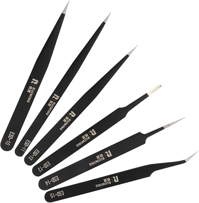 6PCS Precision Tweezers Set, ESD Anti-Static Heavy-Duty Stainless Steel Electronic Tweezers for Electronics Repair, Laboratory, Soldering, Jewelry Making Tools Straight & Curved Tips, Precision Tools