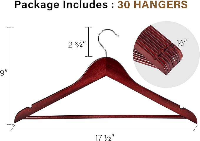 StorageWorks Wooden Hangers 30 Pack, Wood Coat Hangers for Closet, Heavy Duty Clothes Hangers for Suits, Shirts, Pants, Jackets, Dark Cherry Color