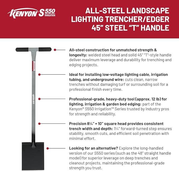 Kenyon S550 Irrigation All-Steel Landscape Lighting Trencher/Edger, 45" Steel "T" Handle