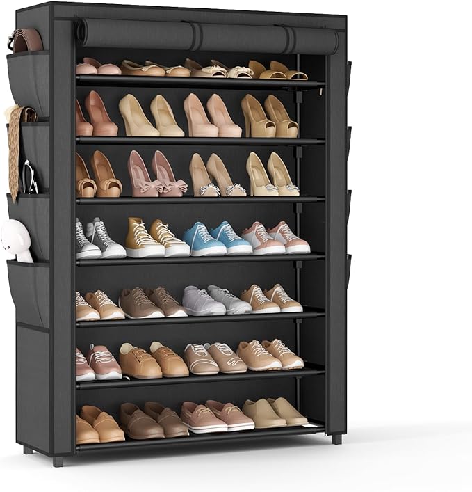 VTRIN Shoe Rack with Cover, 7 Tier Shoe Organizer Storage for 35-40 Pairs Shoes and Boots Large Capacity Tall Shoe Shelf with 8 Pockets Free Standing Shoe Rack for Closet, Entryway, Garage