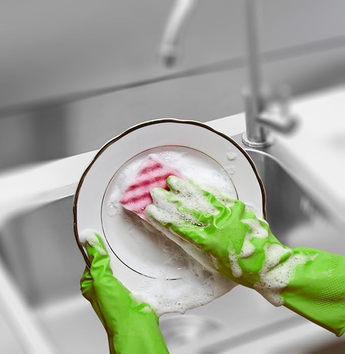 Cleanbear Reusable Dish Washing Rubber Glove Set of 3, Household Cleaning Gloves for Washing
