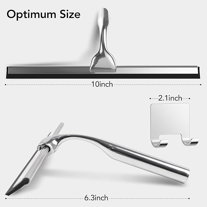Shower Squeegee for Shower Glass Door with Adhesive Hook, Stainless Steel Squeegee for Shower Glass, Window Squeegee for Cleaning Tile Wall, Mirror, Car(10", Silver)