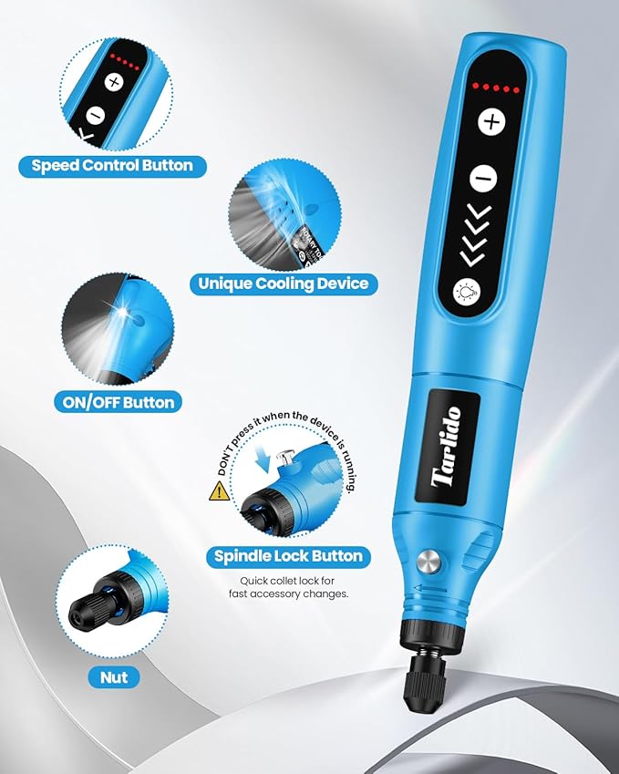 Cordless Rotary Tool Kit, 3.7V 2.0Ah Rechargeable Battery, 18000RPM 5-Speed Multi Power Carving Tools, 31Pcs Accessories, Engraving, Sanding, Grinding, Polishing, Carving, Etching, DIY-Blue ﻿