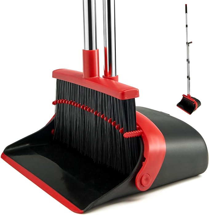 Broom and Dustpan Set for Home, Broom with Dustpan Cleaning Teeth Combo Set, Indoor Sweep Broom with Long Handle for Office Home Kitchen Lobby Floor (Black Red)
