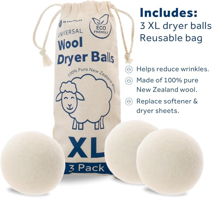 GE Appliances Wool Dryer Balls, XL Reusable Natural Fabric Softener Made of 100% Pure New Zealand Wool, Set of 3