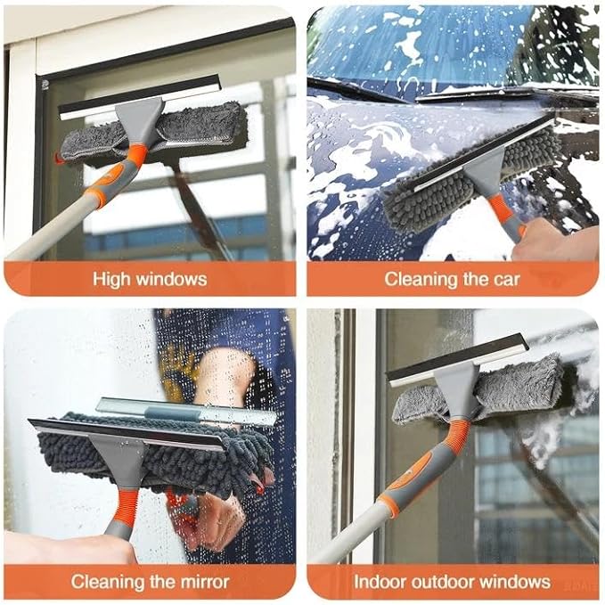 Eazer Window Squeegee Cleaner Tool, 2-in-1 Window Cleaning Kit with 62'' Extension Pole, Window Washer Equipment for Cars, Indoor & Outdoor Glass - Includes 2 Microfiber Cloths