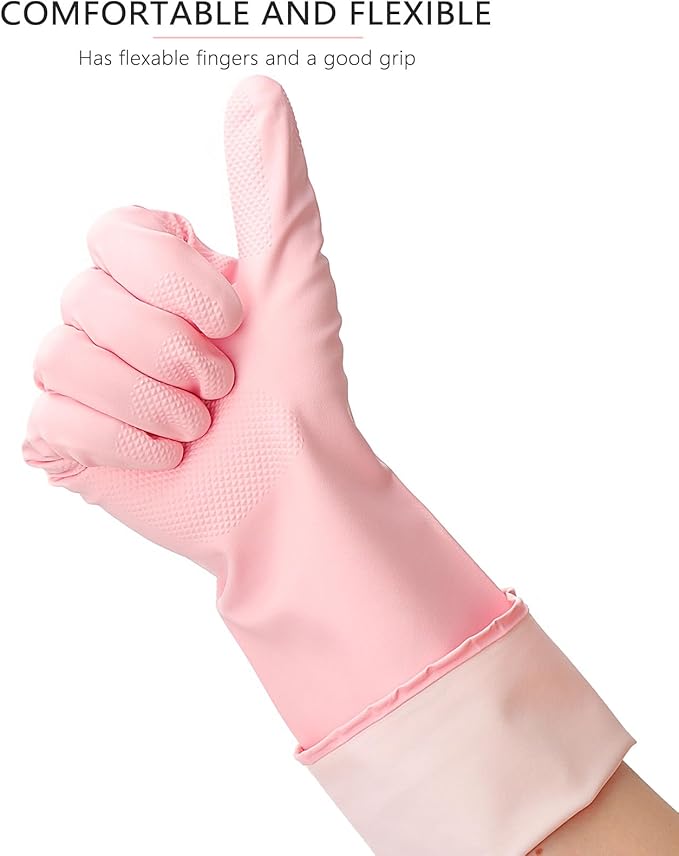 3 Pairs Rubber Cleaning Gloves Latex Free Dishwashing Gloves - 13" Reusable Nitrile Gloves Large, Green+Pink+Red