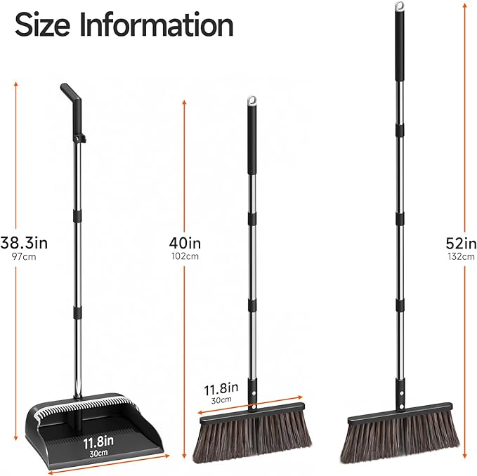 CTIME Broom and Dustpan Set, Extra Brush Head & 52" Adjustable Long Handle Standing Dustpan Set, with Dust Pan Teeth to Clean Pet Hair, Easy Sweeping Suitable for Home Kitchen Office Lobby